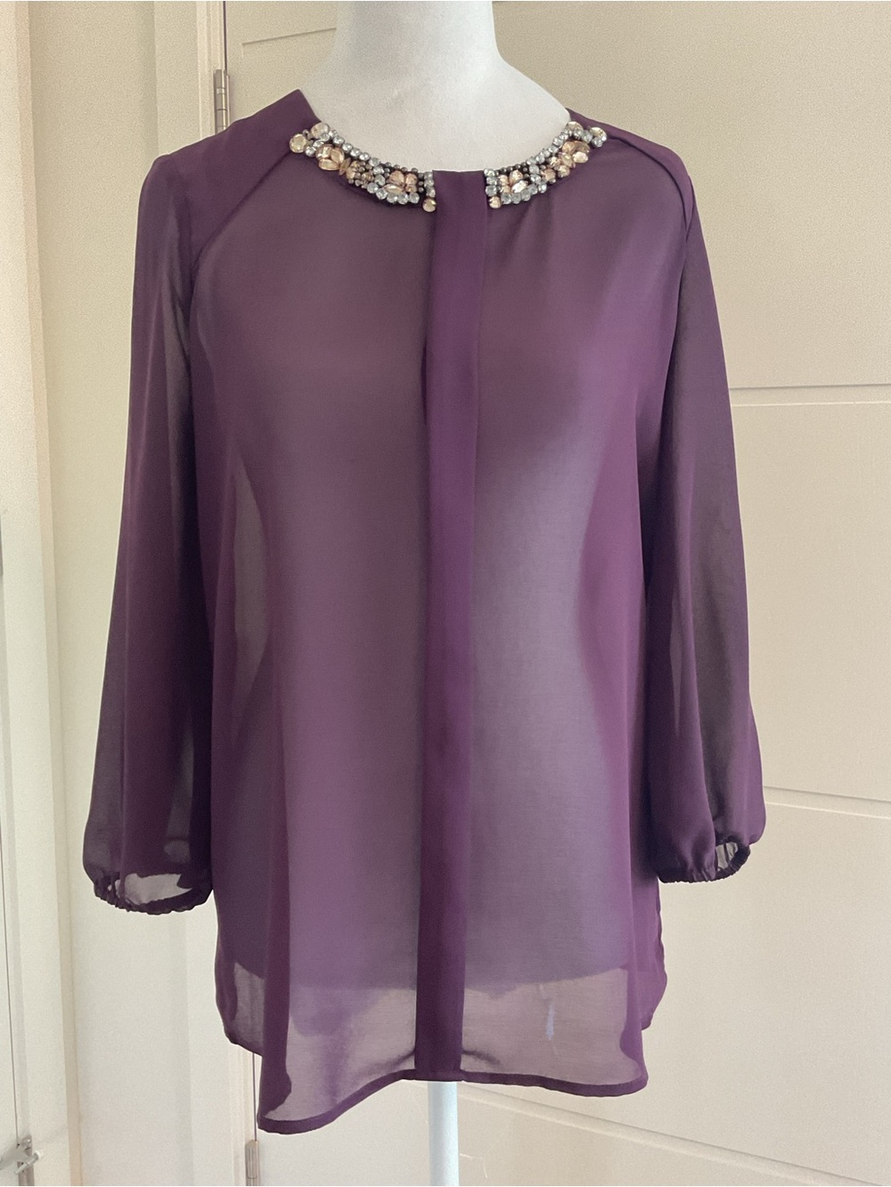 Pleione Elegant  Plum  Blouse with Jeweled Collar with front & back centre pleat